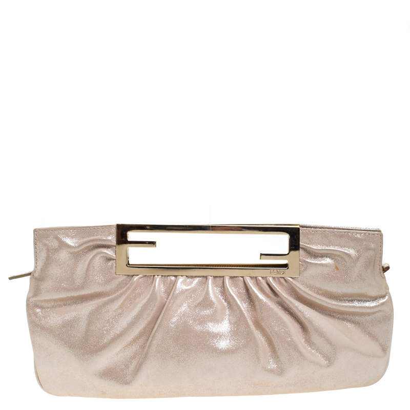 Pre Owned Fendi Metallic Beige Leather Cutout Handle Clutch