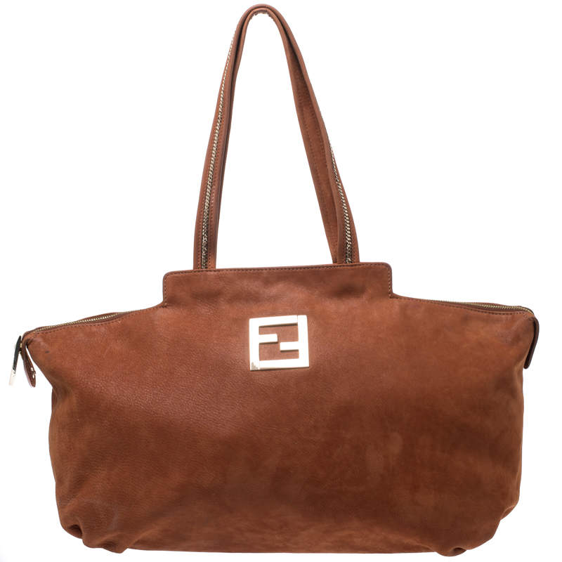 Pre Owned Fendi Brown Suede Chain Handle Tote