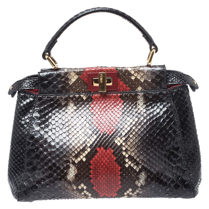 Pre Owned Fendi Multicolor Python Mini Peekaboo Top Handle Bag