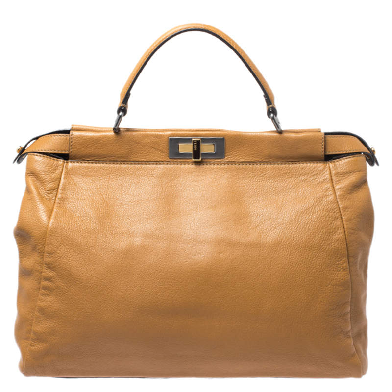 Pre Owned Fendi Tan Leather Large Peekaboo Top Handle Bag