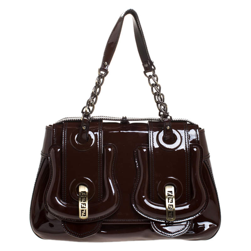 Pre Owned Fendi Dark Brown Patent Leather B Shoulder Bag