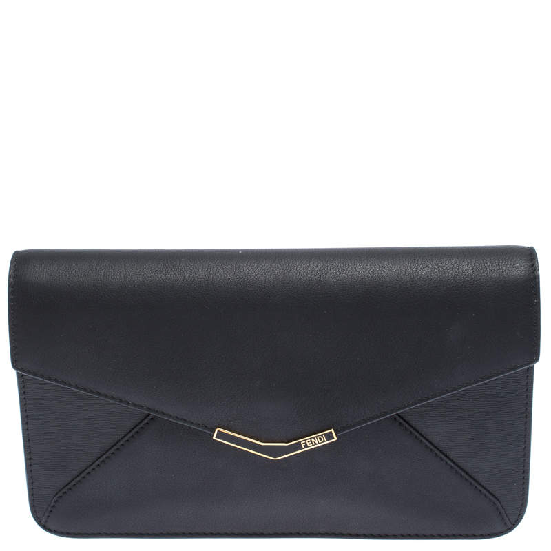 Pre Owned Fendi Black Leather 2 Jours Envelope Clutch