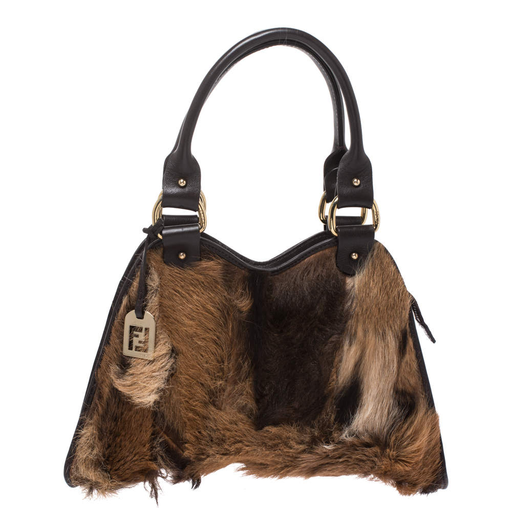 Fendi Brown Calfhair and Leather Devil Trapezio Shoulder Bag