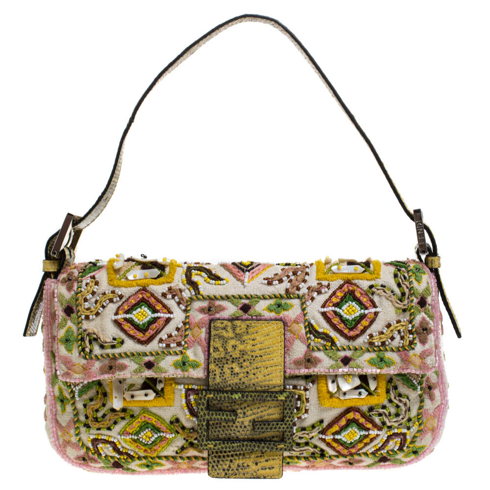 Pre Owned Fendi Multicolor Canvas and Lizard Embroidered Bageutte