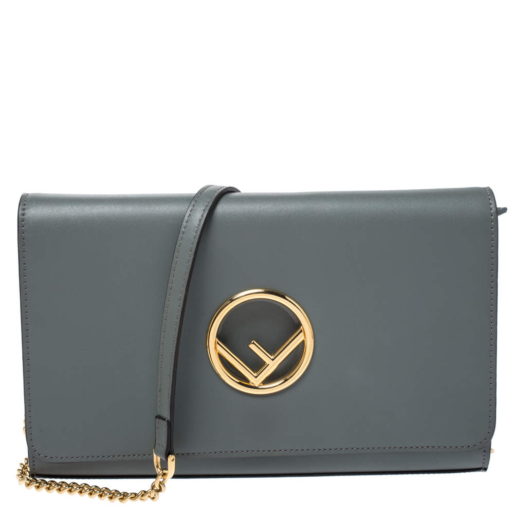 Pre Owned Fendi Grey Leather Chain Clutch