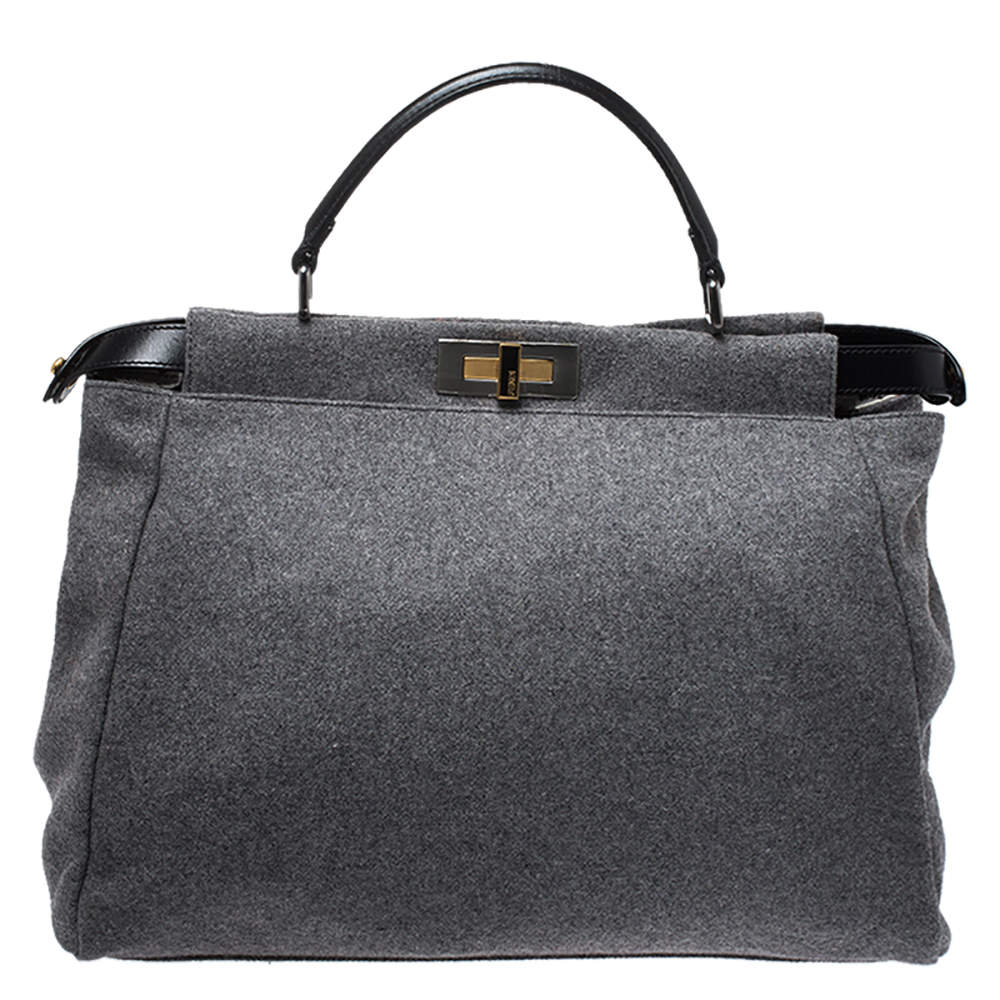 Pre Owned Fendi Grey Felt Fabric Large Peekaboo Top Handle Bag
