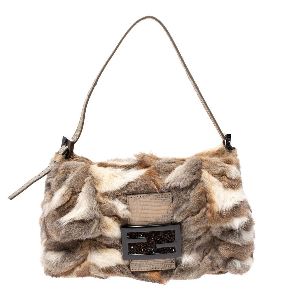 Fendi Beige Rabbit Fur and Lizard Baguette Bag