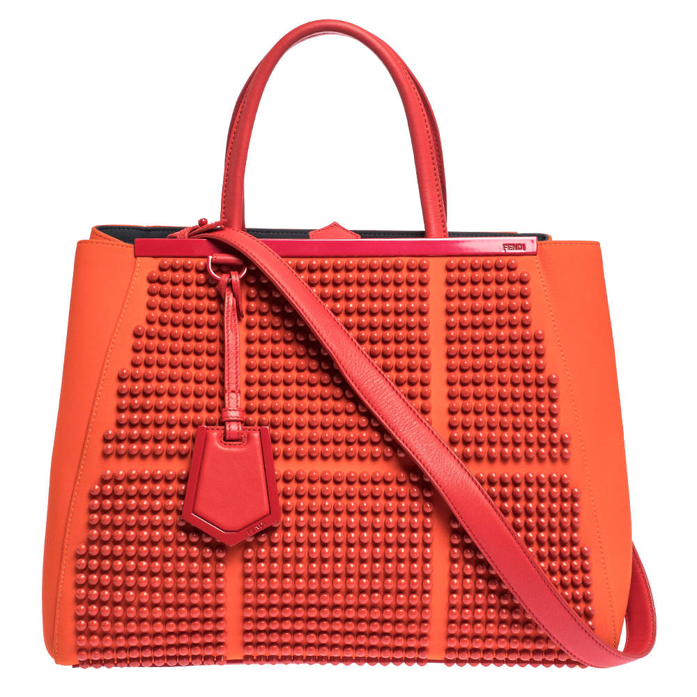 Pre Owned Fendi Orange Studded Neoprene and Leather Medium 2Jours Tote