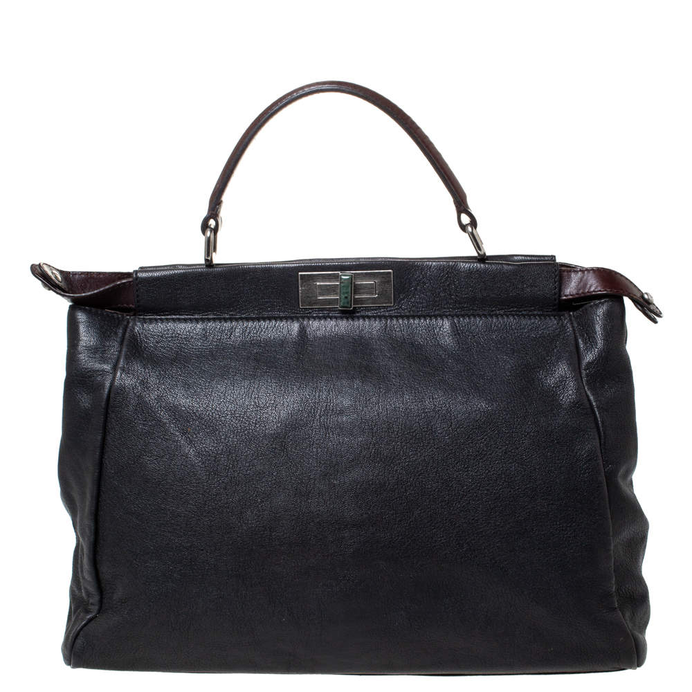 Pre Owned Fendi Black Leather with Suede/Beads and Python Lining Large Peekaboo Top Handle Bag