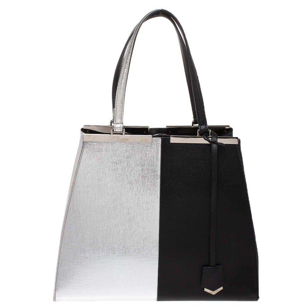 Pre Owned Fendi Black/Silver Leather Large 3Jours Tote