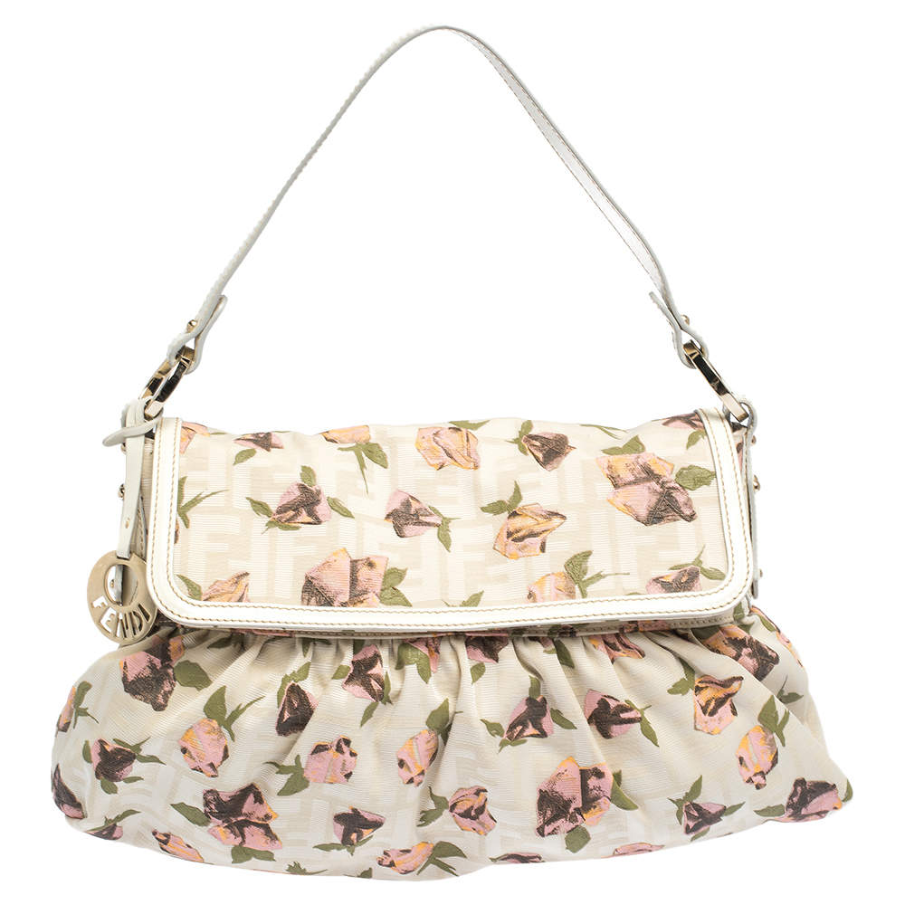 Pre Owned Fendi Beige Floral Print Zucca Canvas and Leather Chef Shoulder Bag
