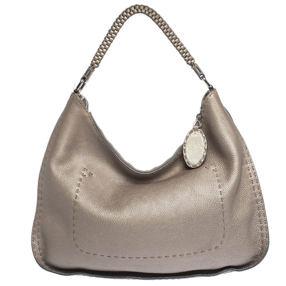 Pre Owned Fendi Metallic Grey Leather Selleria Hobo