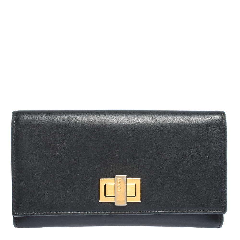 Pre Owned Fendi Black Leather Peekaboo Continental Wallet