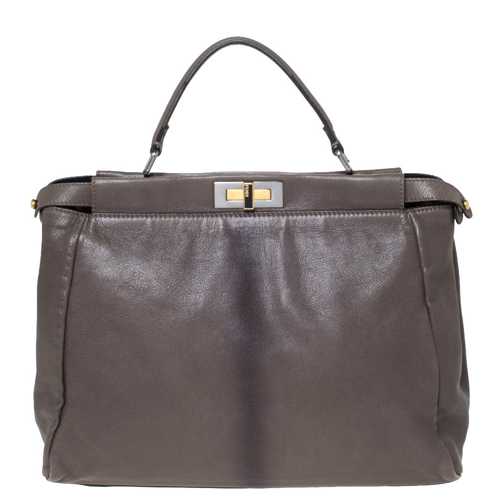 Pre Owned Fendi Grey Leather Large Peekaboo Top Handle Bag