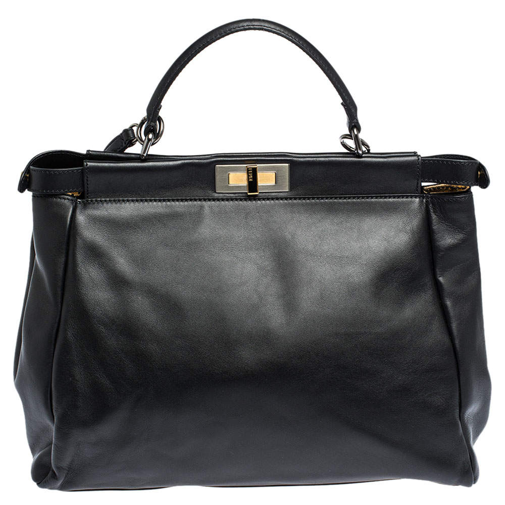 Pre Owned Fendi Black Leather with Watersnake and Suede Lining Large Peekaboo Top Handle Bag