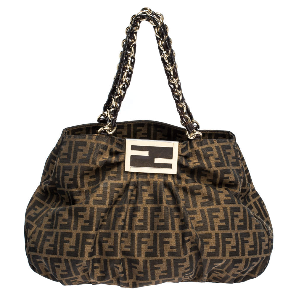 Pre Owned Fendi Tobacco Zucca Canvas and Leather Mia Hobo