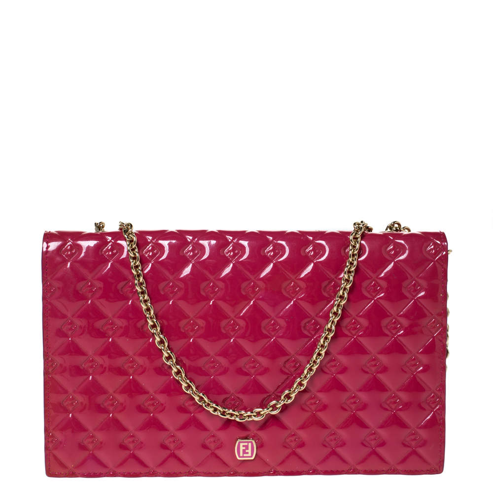 Pre Owned Fendi Magenta Patent Leather Fendilicious Wallet On Chain