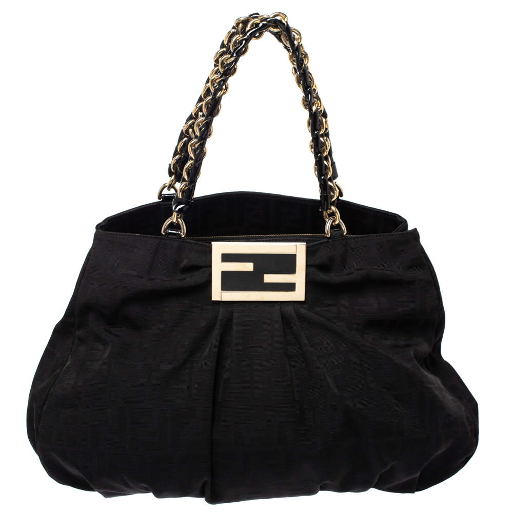 Pre Owned Fendi Black Canvas and Patent Leather Large Mia Shoulder Bag