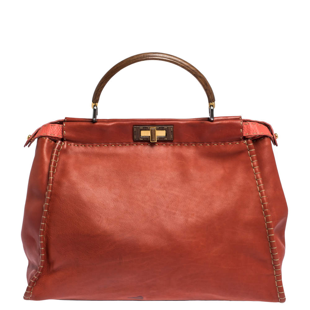 Fendi Maroon/Coral Orange Selleria Leather Large Peekaboo Top Handle Bag