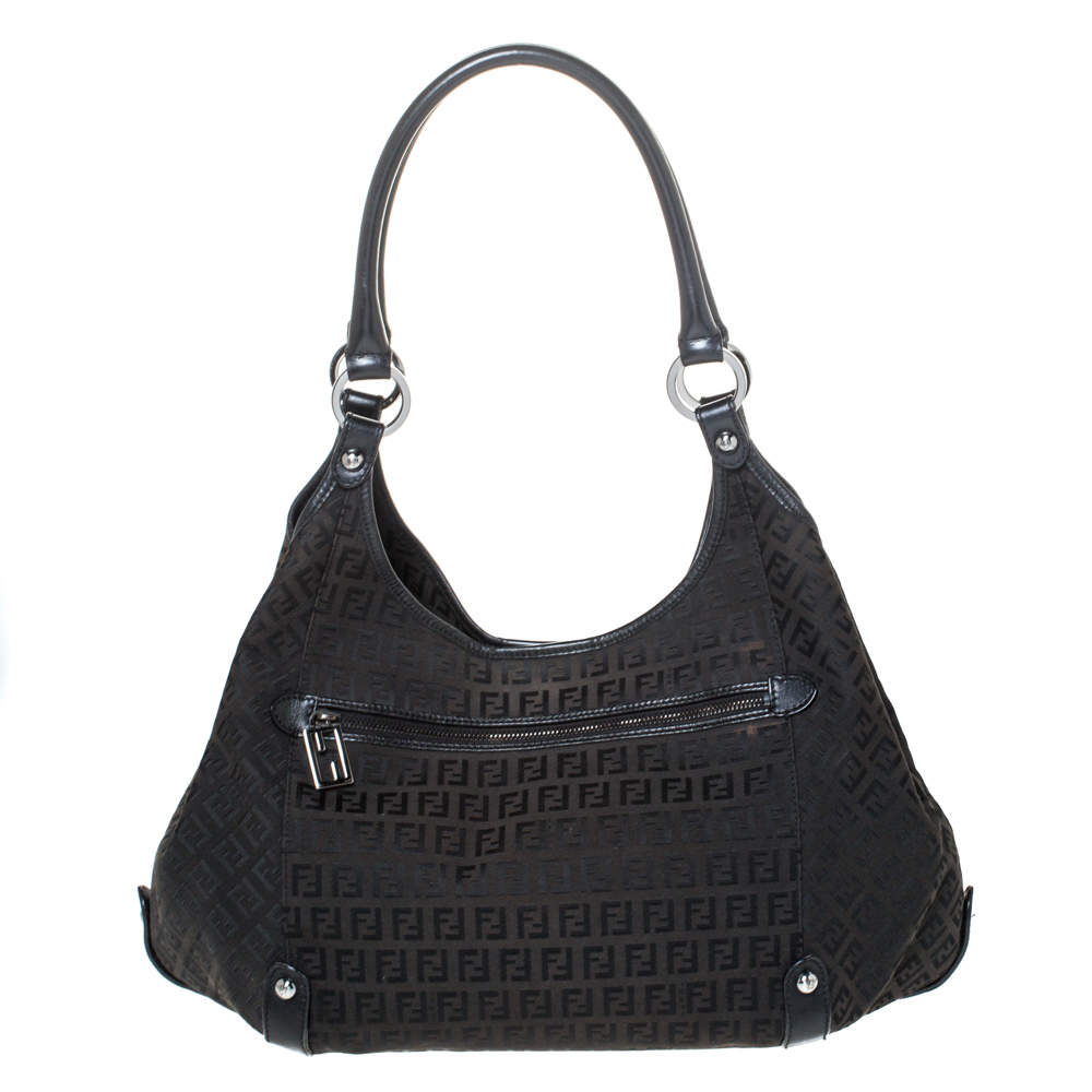 Pre Owned Fendi Black Zucchino Canvas and Leather Front Zip Hobo
