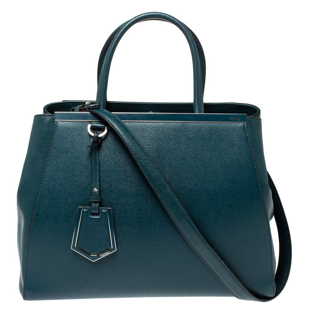 Pre Owned Fendi Dark Green Leather Medium 2Jours Tote