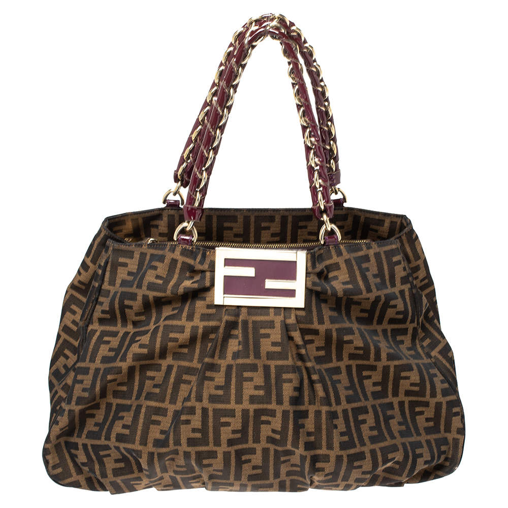 Pre Owned Fendi Tobacco Zucca Canvas Large Mia Shoulder Bag