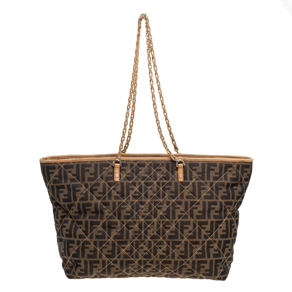 Fendi Brown/Beige Zucca Quilted Canvas and Leather Large Roll Tote