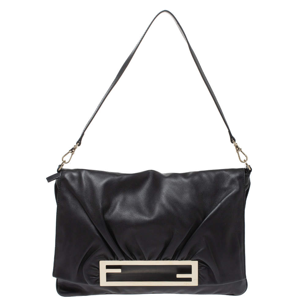 Pre Owned Fendi Black Leather Flap Shoulder Bag