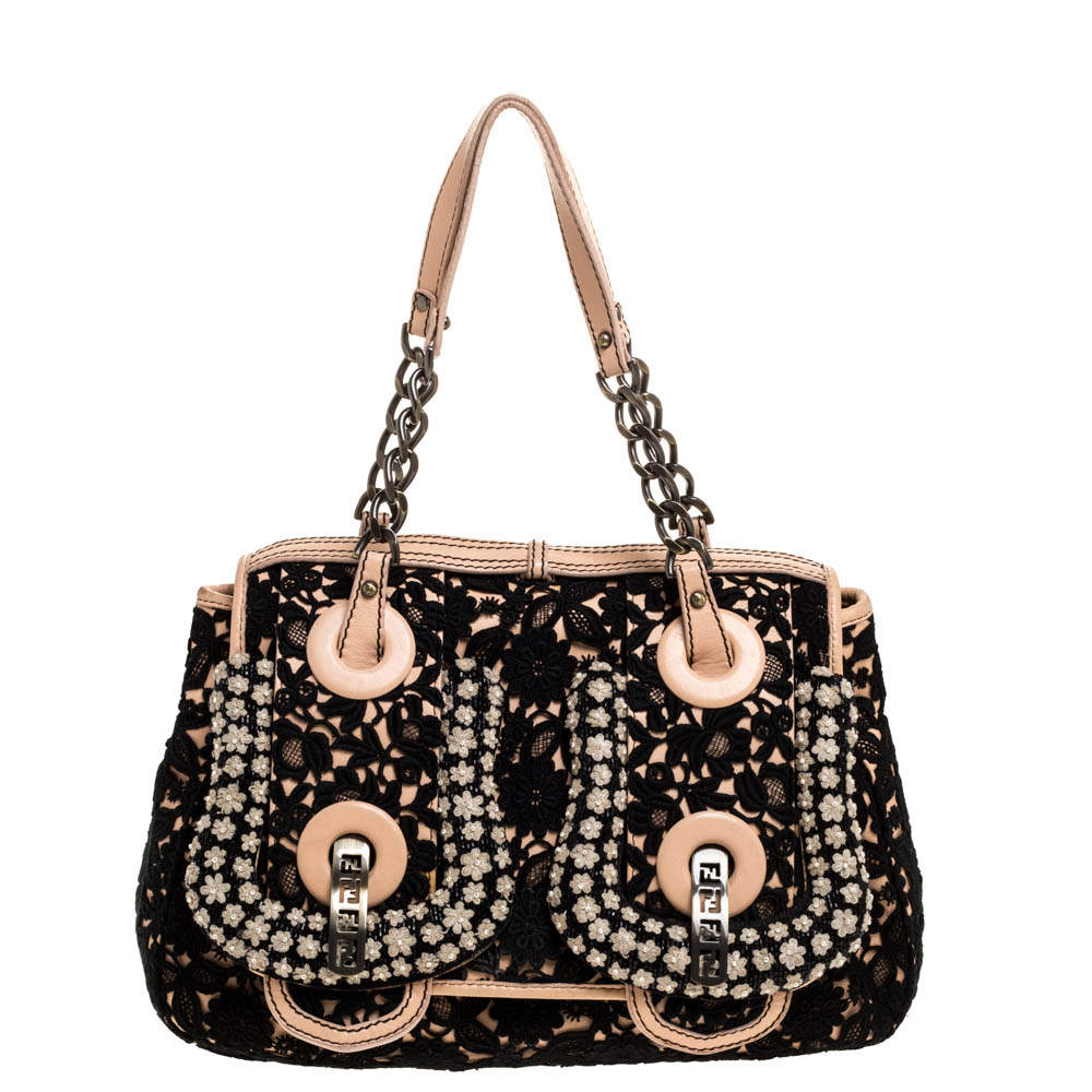 Fendi Black/Beige Lace and Leather Beads Embellished B Shoulder Bag