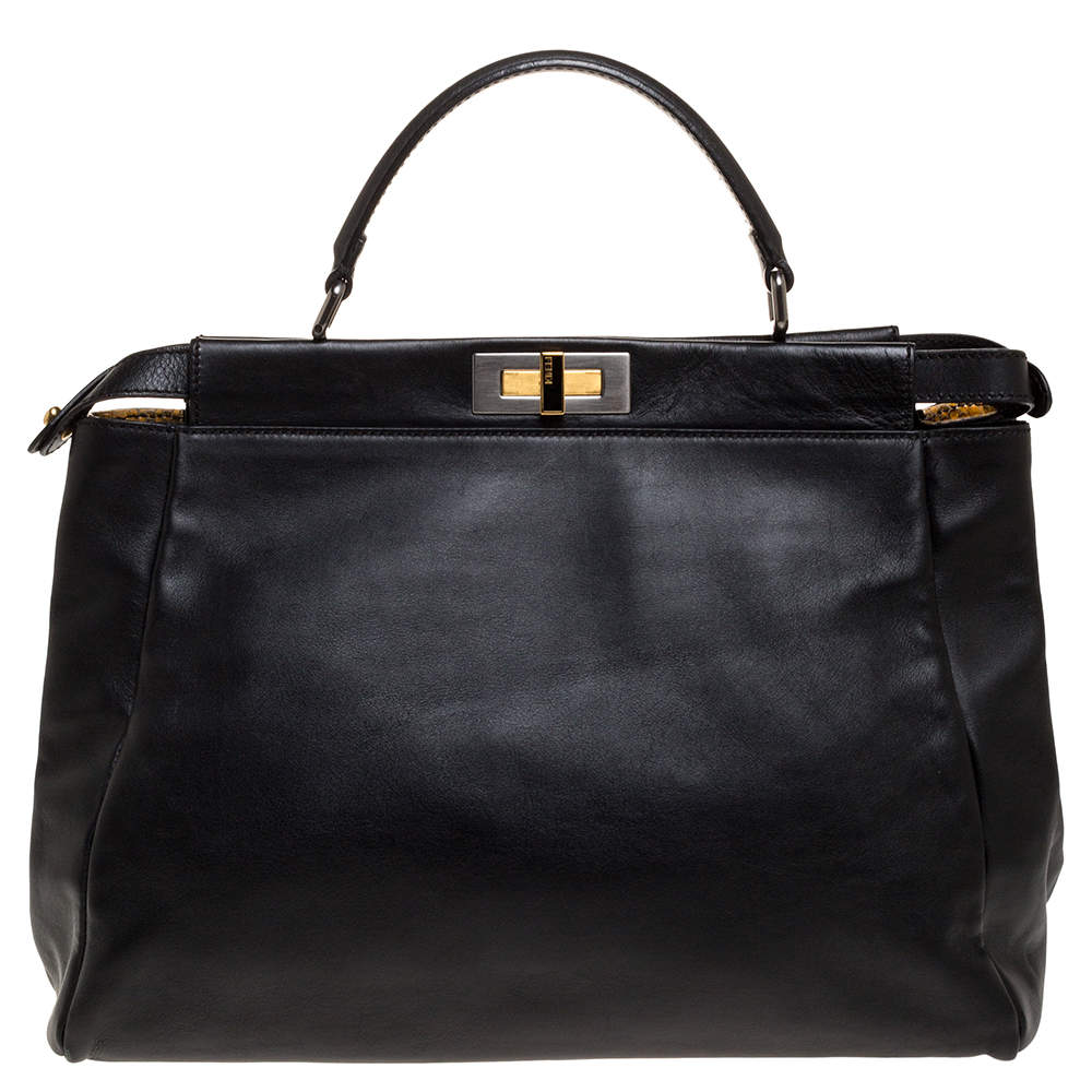 Pre Owned Fendi Black Leather with Suede and Python Lining Large Peekaboo Top Handle Bag