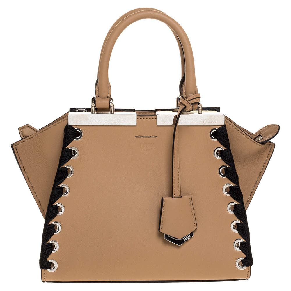 Pre Owned Fendi Beige/Black Whipstitch Leather Mini 3Jours Tote