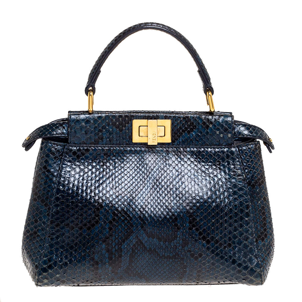 Pre Owned Fendi Blue Python Mini Peekaboo Top Handle Bag