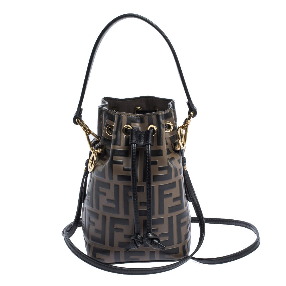 Pre Owned Fendi Brown/Black Zucca Leather Mini Mon Tresor Drawstring Bucket Bag