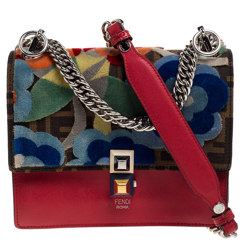 Fendi Red/Brown Floral Zucca Canvas and Leather Kan I Crossbody Bag