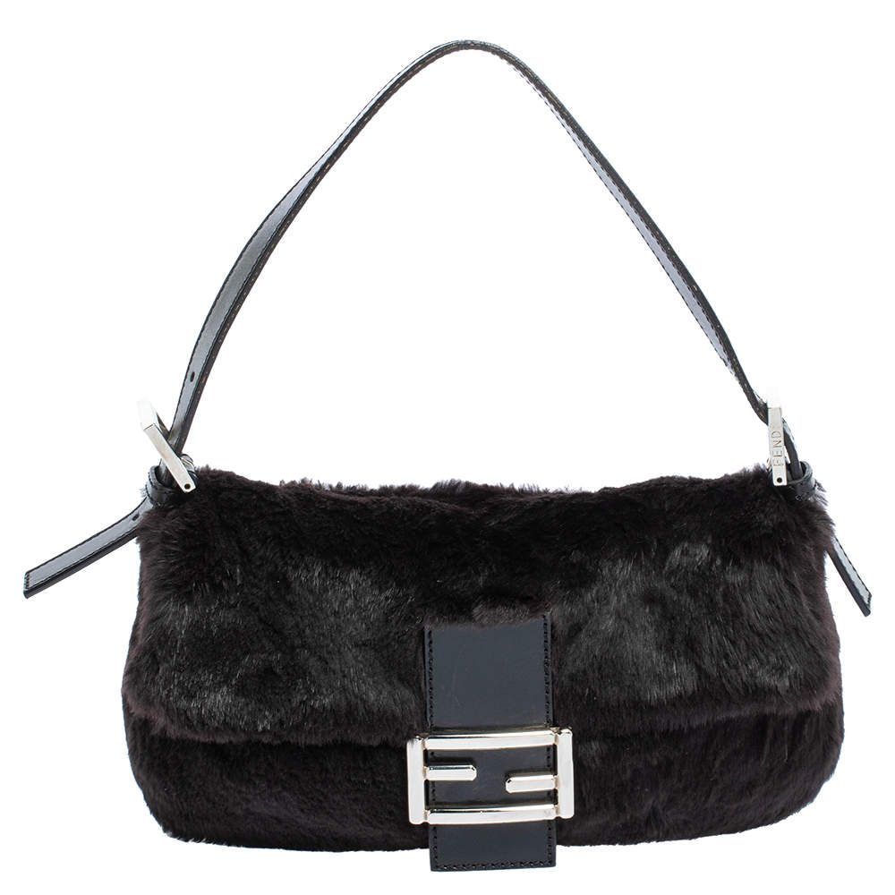 Pre Owned Fendi Black Shearling and Leather Mama Baguette Bag