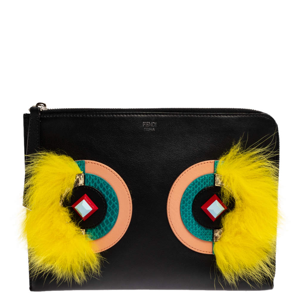 Fendi Black Leather and Python Dolce Monster Clutch