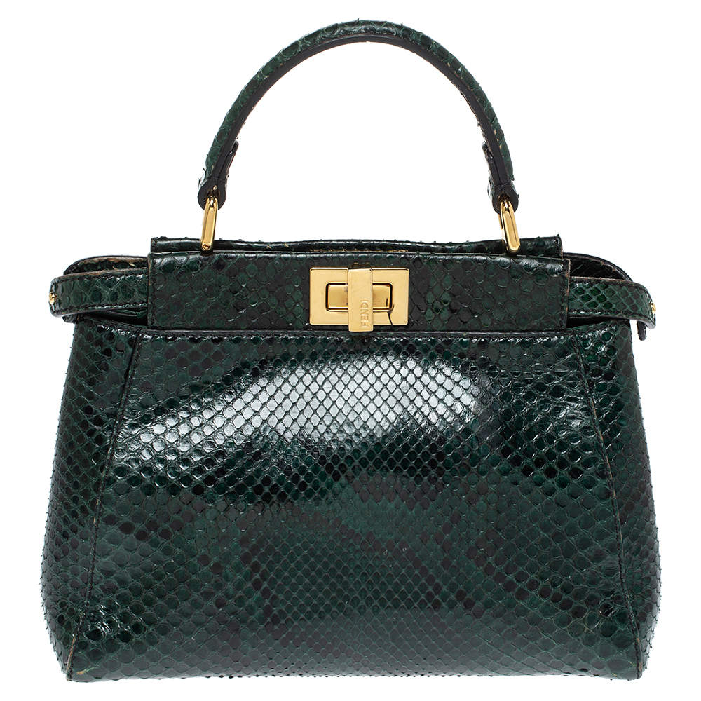 Pre Owned Fendi Green Python Mini Peekaboo Top Handle Bag