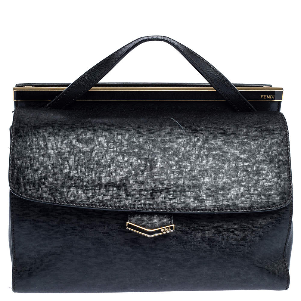 Pre Owned Fendi Black Textured Leather Small Demi Jour Top Handle Bag
