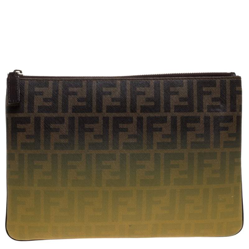 Pre Owned Fendi Tobacco Ombre Zucca Coated Canvas Clutch