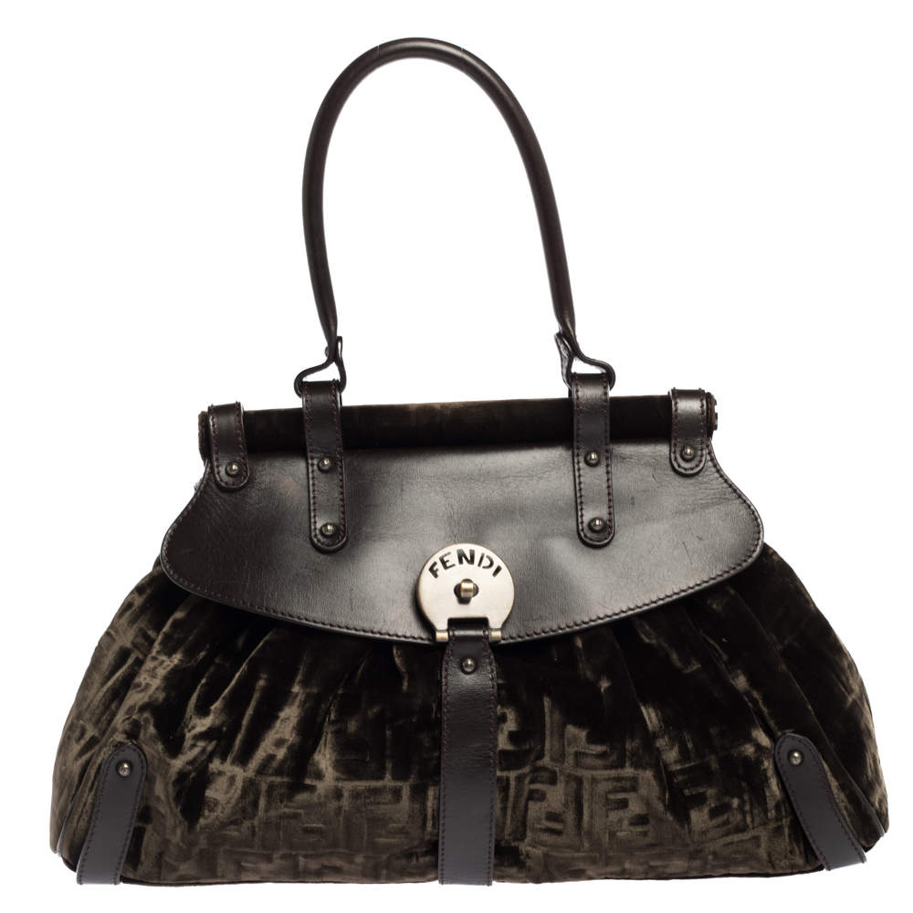 Pre Owned Fendi Mossy Green/Brown Zucca Velvet and Leather Magic Top Handle Bag