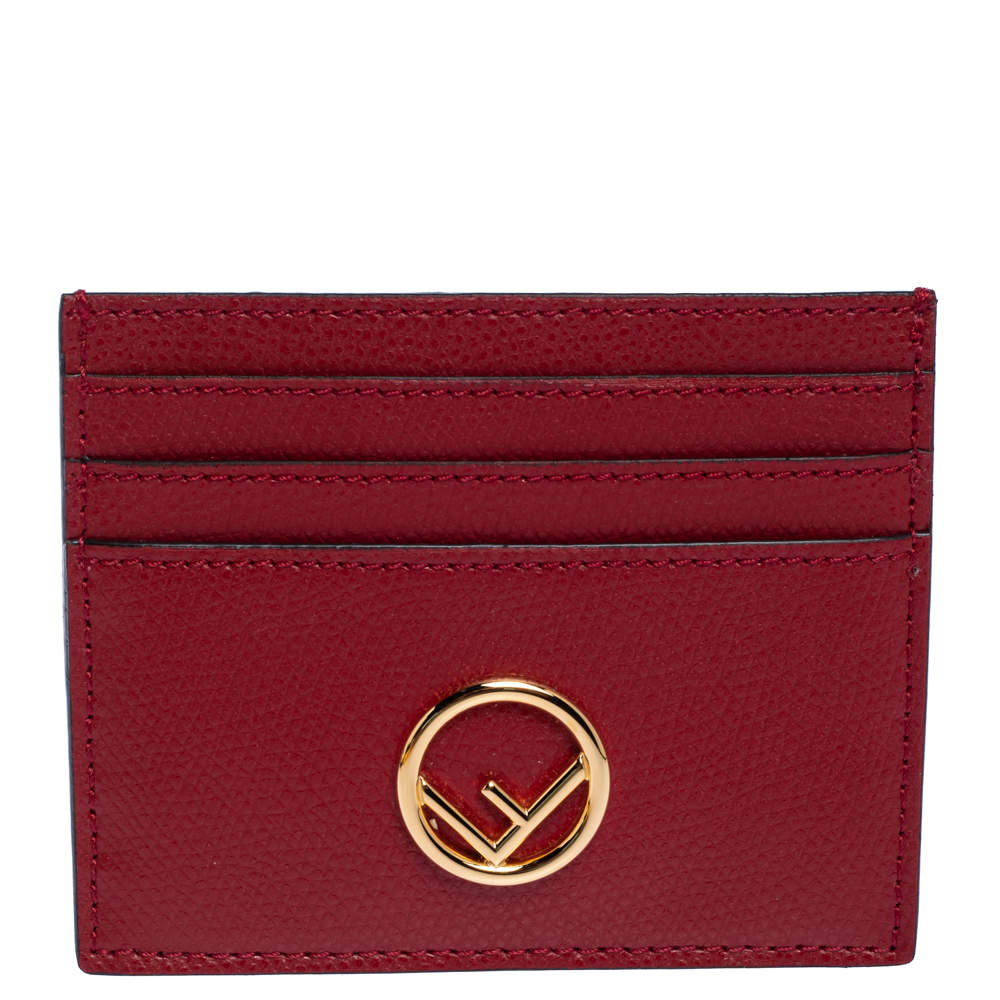 Pre Owned Fendi Red Leather F Logo Card Holder