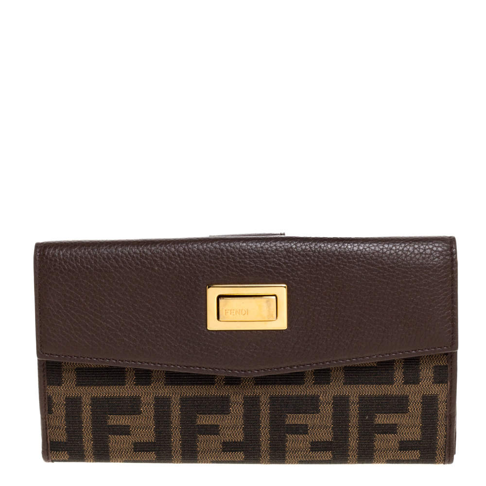 Pre Owned Fendi Brown Zucca Canvas and Leather Continental Wallet