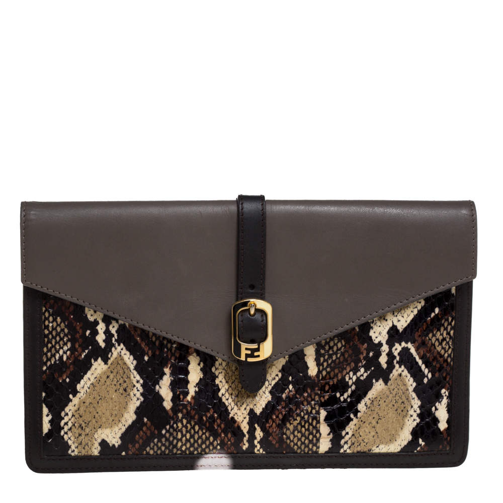 Pre Owned Fendi Multicolor Python and Leather Envelope Clutch