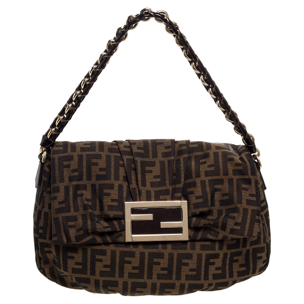 Pre Owned Fendi Tobacco Zucca Canvas Mia Flap Shoulder Bag