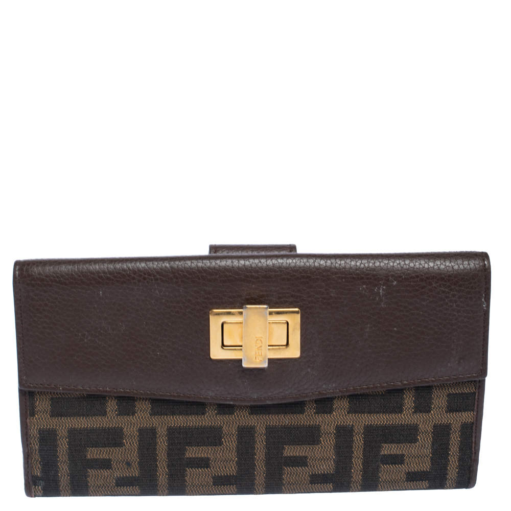 Pre Owned Fendi Brown Zucca Canvas and Leather Continental Wallet