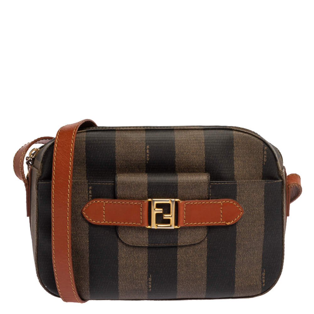 Fendi Brown/Black Pequin Striped Coated Canvas and Leather Crossbody Bag