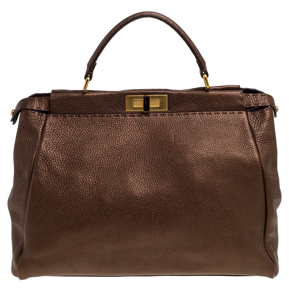 Fendi Bronze Selleria Leather Large Peekaboo Top Handle Bag