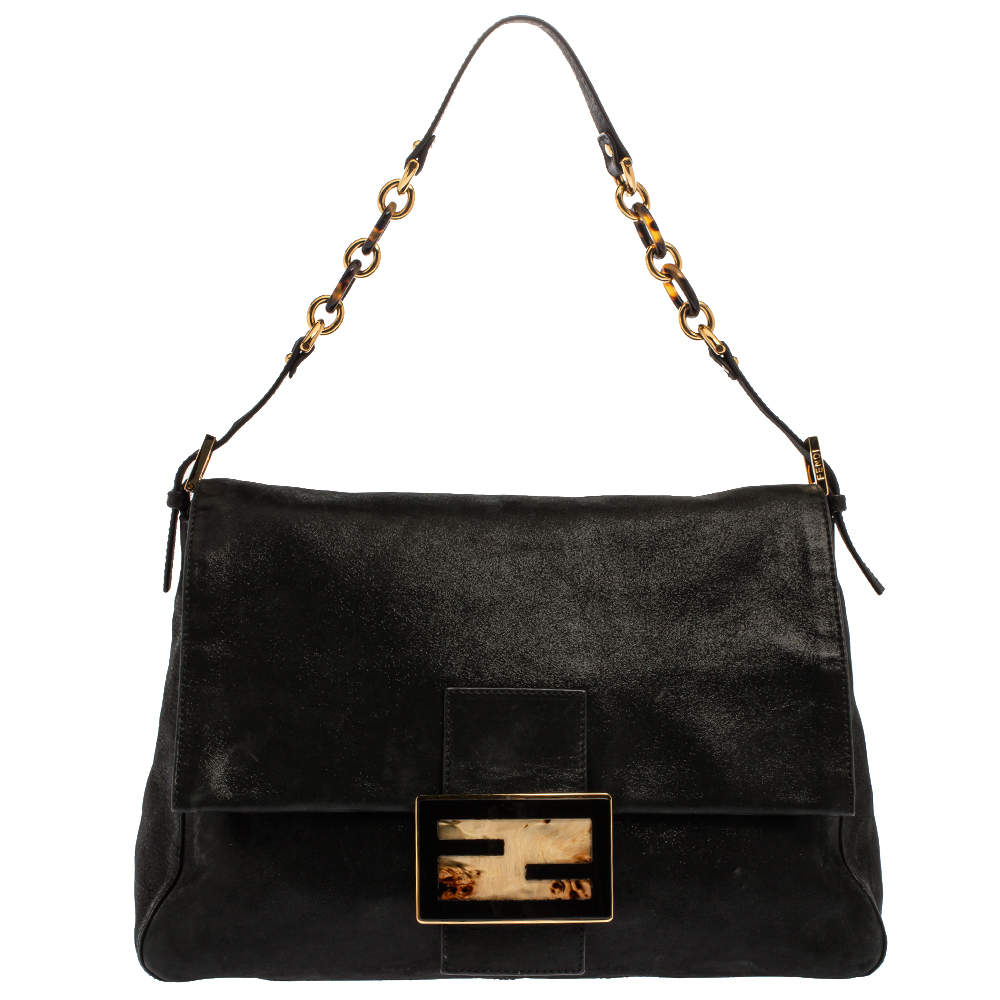 Pre Owned Fendi Black Iridescent Leather Mama Forever Large Flap Shoulder Bag