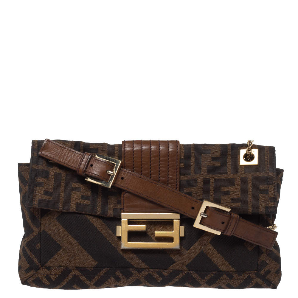 Fendi Brown Zucca Canvas and Leather Baguette Chain Shoulder Bag