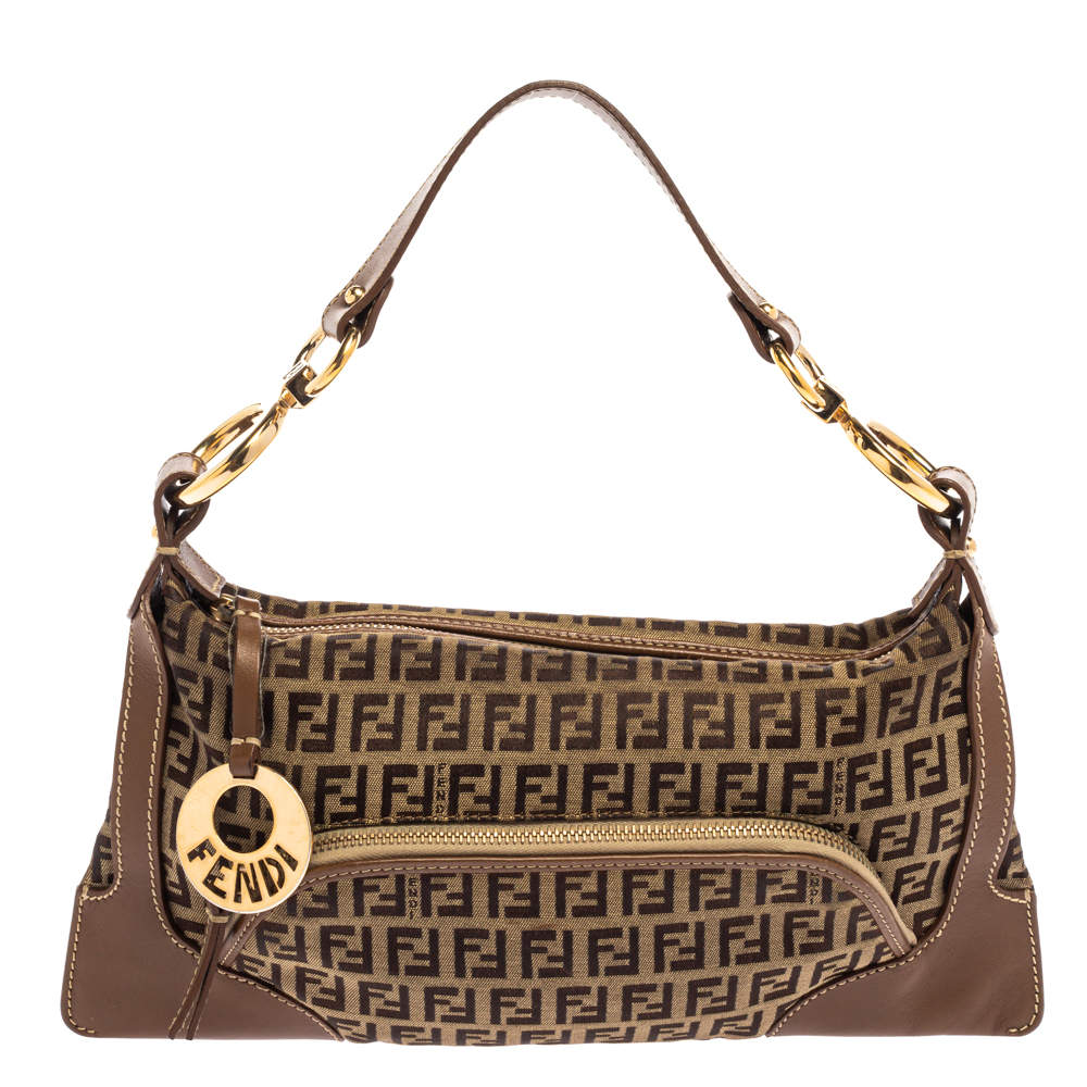 Pre Owned Fendi Tobacco Zucchino Canvas and Leather Front Pocket Shoulder Bag